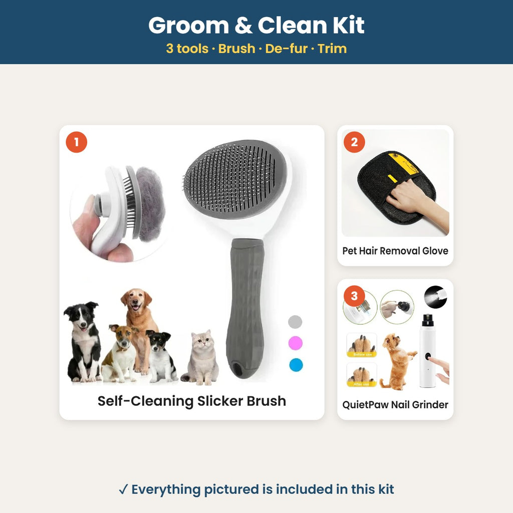 Groom & Clean Kit: what's included – Slicker Brush, Pet Hair Removal Glove, QuietPaw Nail Grinder