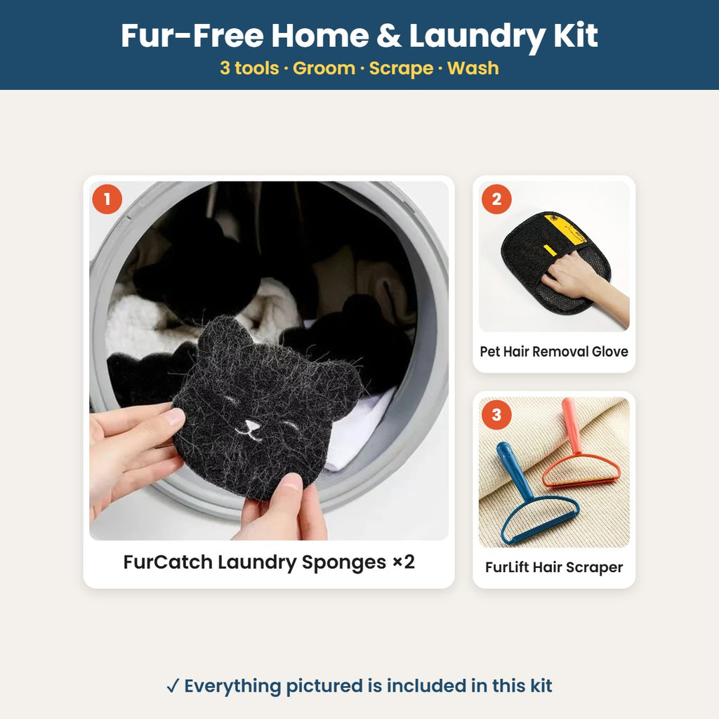 Fur-Free Home & Laundry Kit: what's included – FurCatch Laundry Sponges x2, Pet Hair Removal Glove, FurLift Hair Scraper