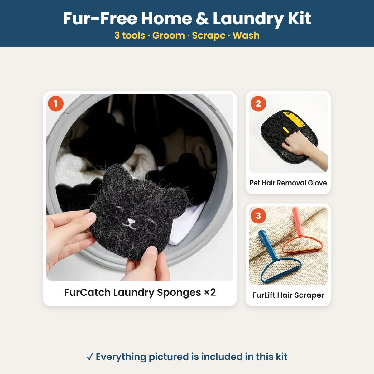 Fur-Free Home & Laundry Kit: what's included – FurCatch Laundry Sponges x2, Pet Hair Removal Glove, FurLift Hair Scraper